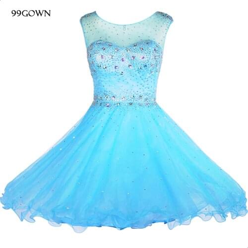 99GOWN Tulle Blue Mini Dress For Women Bridesmaid Sexy Backless Sequined Glitter Sleeveless Dresses For Wedding Party