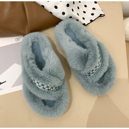 Luxury Brand Fluffy Fur Slippers Women Shoes Winter Cross Band Fuzzy Slides Indoor 3cm Heel Platform Furry Slippers Ladies 35-42