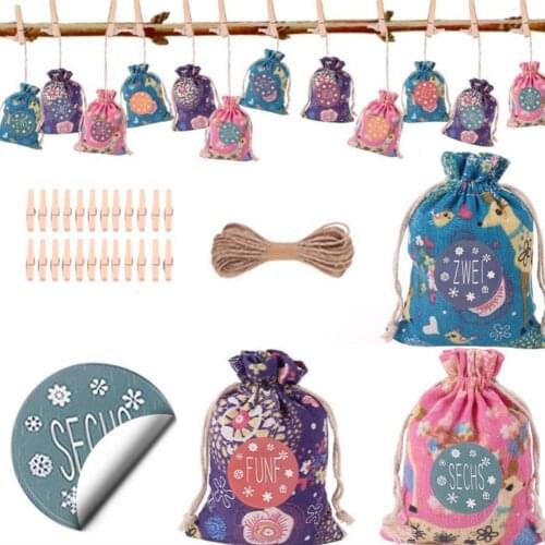 Christmas Advent Calendar Gift Sacks Drawstring Candy Bags Set