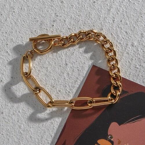 Stylish Patchwork Oval Square Cuban Link Chain Bracelet Delicate OT Clasp 18k Gold Plated Gold Chain Bracelets Bangles For Women