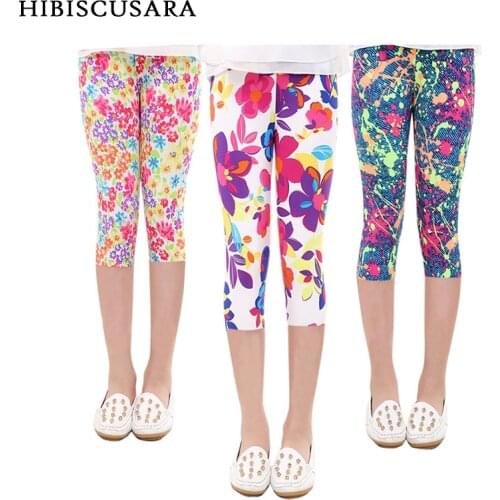3-10years Girls Cropped Trousers Floral Print Flower Kids Calf Length Skinny Pants Stretch Leggings Children All-matches Bottoms