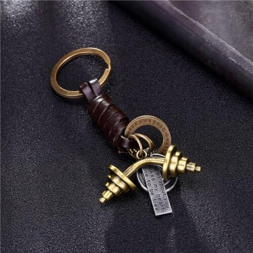 Alloy Vintage Antique Bronze Dumbbell Key Rings Braided Cowhide Keychain Pendant Punk Jewelry Gift For Friends 10PCS