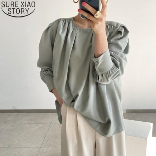 Green Blouse Plus Size Loose Causal Clothing Women Tops Fashion Solid O-neck Spring Long Sleeve Shirt Vintage Blouse 13353