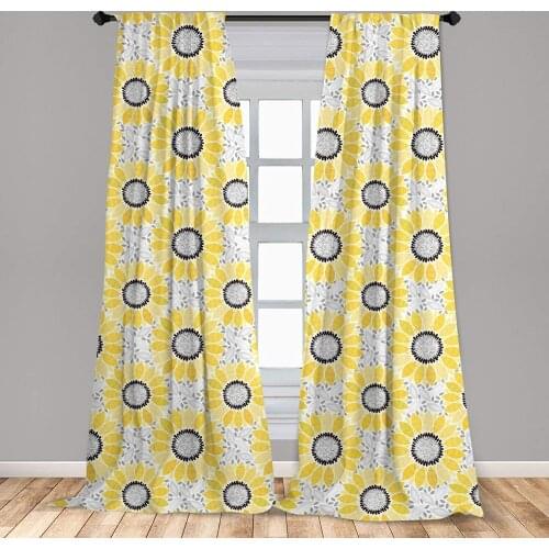 Yellow Gray Yellow Window Curtains Colorful Illustration of Sun Flower with Motifs Summer Lightweight Decorative
