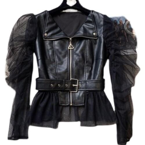 2021 autumn new net rruffled mesh sleeves stitching PU short leather jacket fashion women coat