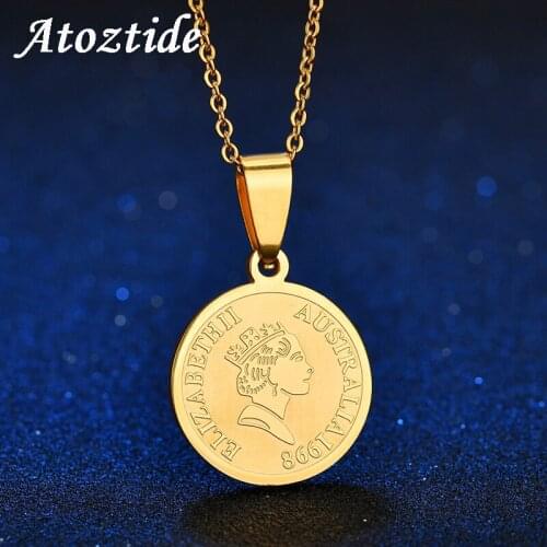 Atoztide Australia 1998 Queen Elizabeth II Portrait Coin necklace Women Stainless Steel Retro Round Pendant Clavicular Chain