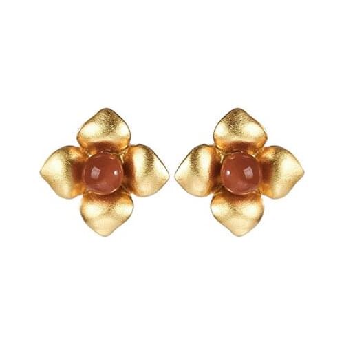 S925 sterling silver gold plated Southern red agate Ear studs Personality Small flower Plum blossom Womens earrings
