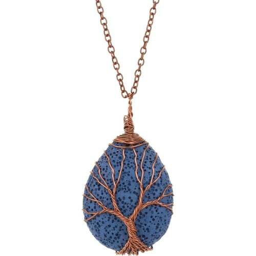 12PCS Natural Stone Lava Rock Tree of Life 7 Chakra pendulum Pendant Necklace for Women Quartz Crystal Collar Reiki Jewelry Free