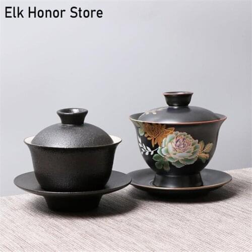 210ml Retro Anaglyph Flower Ceramic Gaiwan Outline In Gold Deer Tureen Cup With Lid Cover Saucer Kit Kung Fu Tea Set Tea Bowl