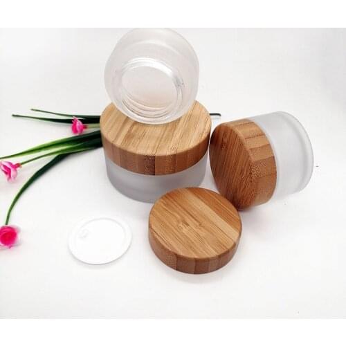 3pcs 30g 50g 100g frosted glass cream jar eco-friendly wooden lid bamboo cap cosmetic packaging container