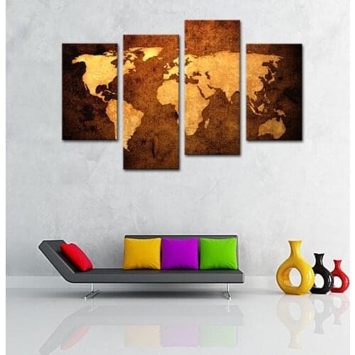 4 Piece Wall Art Print Black and Golden World Map Poster Vintage World Map Canvas Painting Wall Decor Office Dropshipping 2018