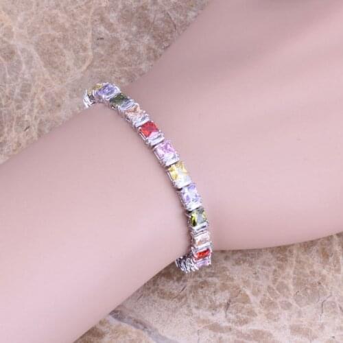 Multicolor Purple Cubic Zirconia Silver Plated Link Chain Bracelet 7 inch S0309