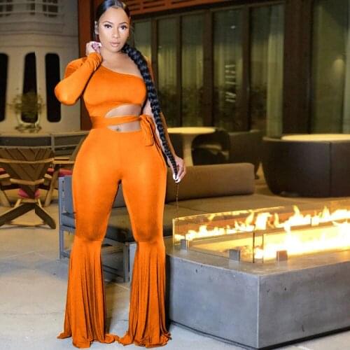 Elegant One Shoulder Bodycon Jumpsuit Women Body Overalls Clubwear Party Romper Flare Pants Bell Bottom One Piece Jumpsuits Belt