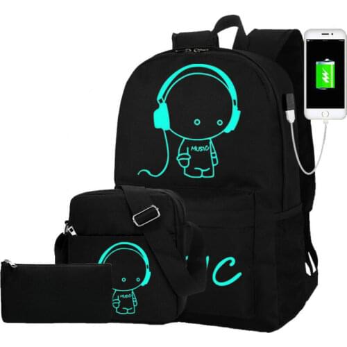 USB Charging 3PC Set Fashion Backpacks+Chest Bag+Case Student Bag Luminous Animation School Bags USB Computer Laptop Back Pack