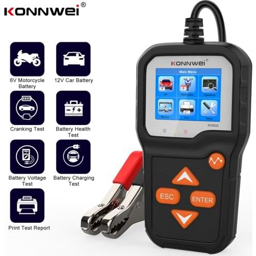 KONNWEI KW650 Car BatteryTester 12V Motorcycl Charging Cranking Test Tools 12V 6V Car Motorcycle System Analyzer 100 to 2000 CCA