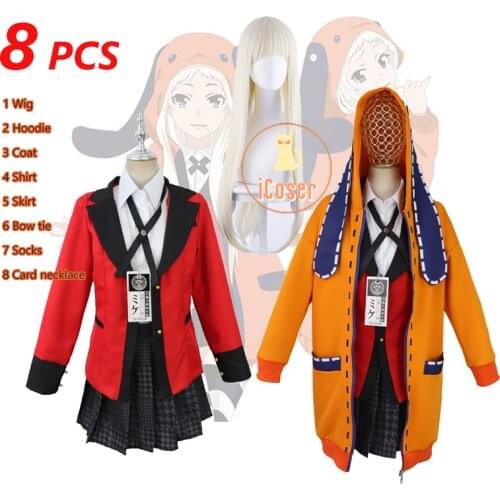 8 PCS Runa Yomotsuki Cosplay Costume Anime Kakegurui Hoodie School Girl JK Uniform Kirari Jabami Yumeko Halloween Outfit Women