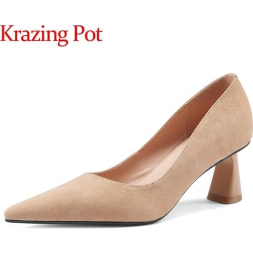 Krazing Pot big size sheep suede pointed toe high heels shallow strange style party wedding daily wear slip on women pumps L3f2