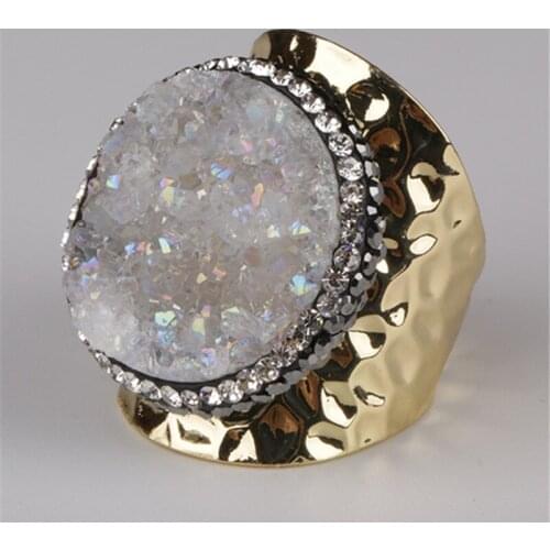Round white clear AB rough raw druzy stone bead charm pave rhinestone big wide wrap hammered resizable gold women open ring cuff