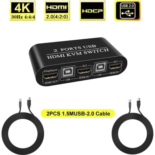 KVM Switcher 2 Port HDMI Switch Durable Multifunctional USB Manual Switcher Box Keyboard Mouse Splitter Max Support 4K for PC