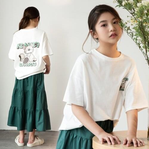 Teen Girls Summer Oversize Cartoon Bear Print Cotton Tops Korean style 10 12 years Girls T shirt