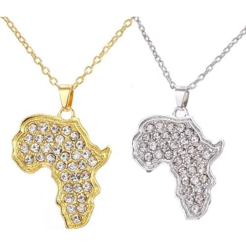 Fashion African Map Pendant Necklaces Men& Women Stainless Steel Gold Plated Rhinestone Beads Africa Map Jewelry Gift
