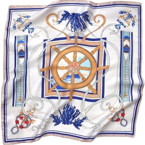 Ladies Fashion High Quality Anchor Ocean Sea Square Silk Shawl Scarf Print Soft Small Handkerchief Wrap Snood Bag Scarfs 70*70Cm