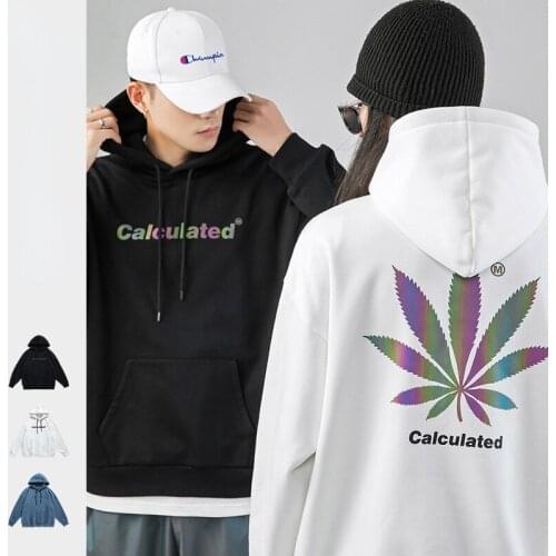 Lovers Wear Men and Women Fashion Street Sports Hooded Sweater Men Colorful Reflective Maple Leaf Print Couple Jacket Tide
