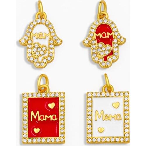 OCESRIO Pave Zircon Hamsa Hand Of Fatima Enamel Charms for DIY Red Mom Pendant Necklace Charms Jewelry Making Wholesale pdta248