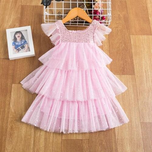 Princess Wear Size 3-8 Years Ruffle Sleeves Baby Girl Dress Shining Star Layered Cake Dress Summer Tulle Gown Sequins Clothing