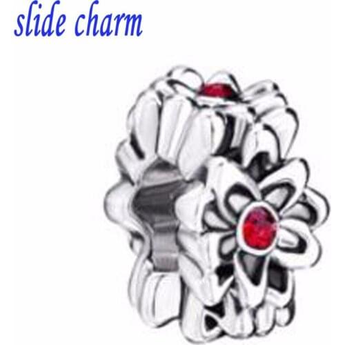 Slide charm Free shipping Red crystal flower charm beads fit Pandora charm bracelet