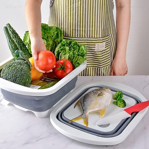 Silicone Drain Basket Foldable Telescopic Cutting Board Bar Tool Kitchen with Handle Rectangular Fruit Vegetable Washing Filter