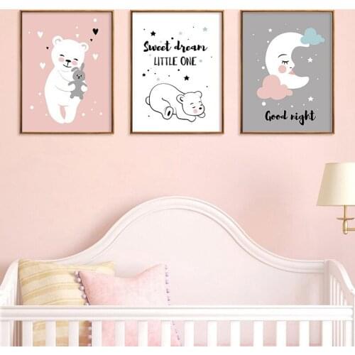 Nordic Canvas Painting Cute Cartoon Bear GoodNight Poster Wall Art Picture Home Decor Childrens Bedroom Living Room Decor
