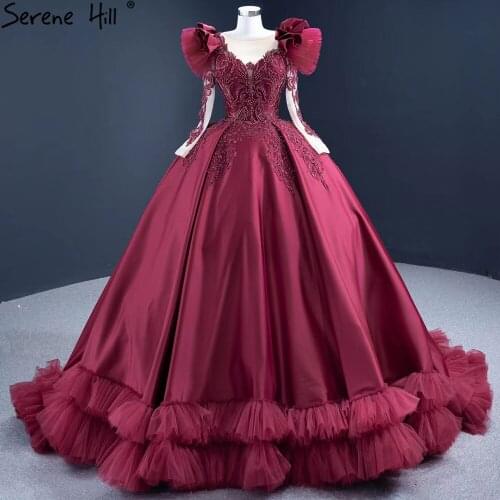 Serene Hill Muslim Wine Red Luxury Wedding Dresses 2021 Beading Long Sleeves Satin Bridal Custom Made Dress DHM67245