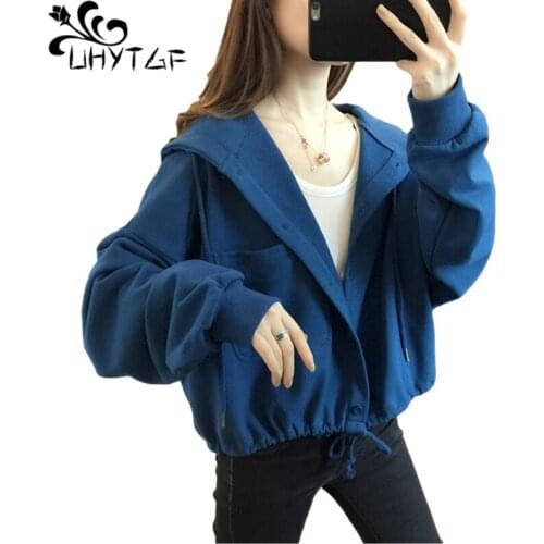 UHYTGF Cute Girl Spring Autumn Sweatshirt Single-Breasted Hooded Loose Plus Size Coat 2021 New Casual Short Jacket Hoodies 1477