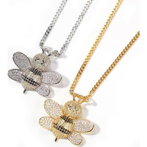 Hip Hop AAA Cubic Zirconia Paved Bling Iced Out Solid Bee Pendants Necklace for Men Women Fashion Jewelry Drop Shipping