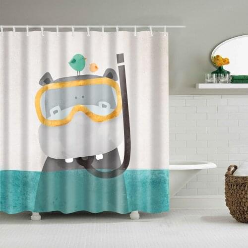 Animal Shower Curtain Cartoon Diving Hippo Fashion Bath Accessories with 12 Hooks Waterproof Polyester Fabric Bathroom Decor