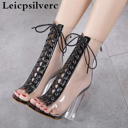 European and American wind summer fish mouth high-heeled shoes high tube transparent crystal and sexy night women sandals cool