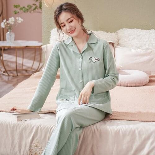 Women Pajamas Sets Autumn Full Pure Cotton Top + Pant Women Cardigan Pyjamas Sweet Girl Sleepwear Loungewear Femme Home Clothing