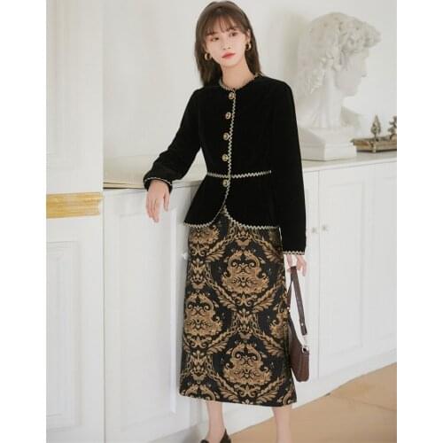 Womens 2-Piece Suit Black Gold Velvet Jacket + Retro Korean Embroidered High Waist A-Line Skirt Fashion Elegant Sets