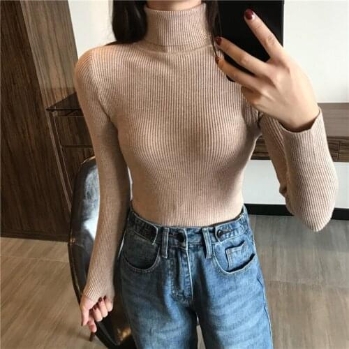 Women Knitted Rib Pullover Autumn Winter Thick Sweater Femme Basic Clothes Sweaters Long Sleeve Turtleneck Slim Jumper Soft Warm