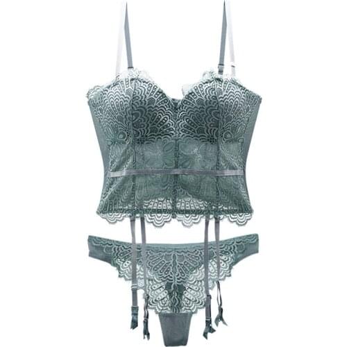 Sexy Underwear Shapewear Set Women Push up Half Padded Cup Underwired Floral Pattern Lingerie Set Bodysuits Sage Green