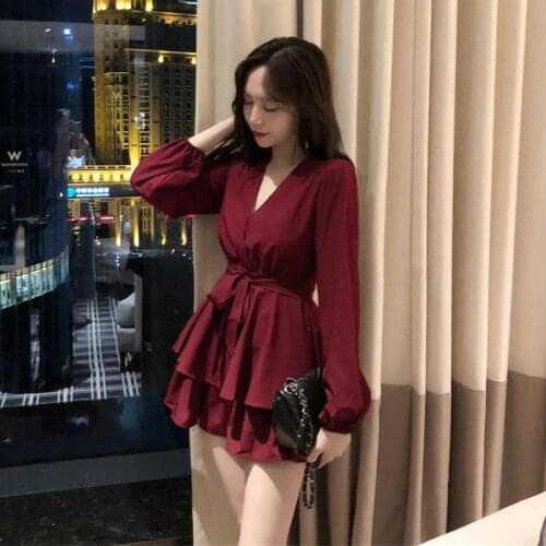 Fall New Womens Loose High Waist Cross V-neck Long-sleeved Strap Solid Color Dress Autumn Casual Asymmetrical Full Street Style