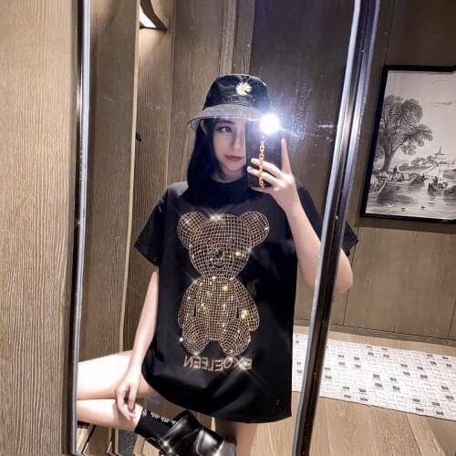 Gold Diamand 100% Cotton T Shirt for Women Fashion Tops Shiny Bear Mid-Length Short Sleeve Oversized Ladies Tops Kawaii Clothes