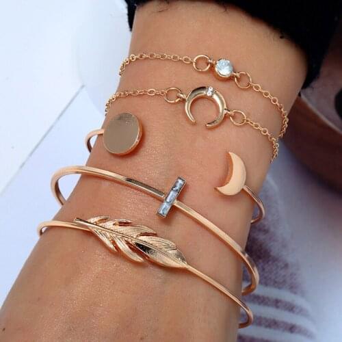 5Pcs/set Rhinestone Sun Moon Bracelet Women Tassels Leaves Circular Chains Bangle Jewelry Mothers Day Lovers Girlfriend Gift