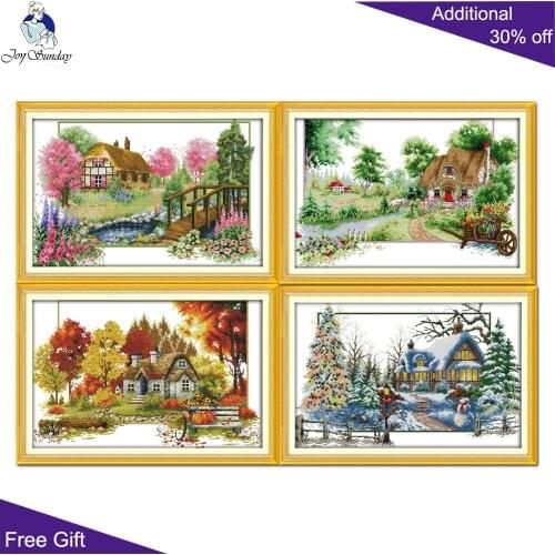 Joy Sunday Four Seasons Home Decor F558F559F560F561 Counted and Stamped Spring Summer Autumn Winter Scenic Cross Stitch