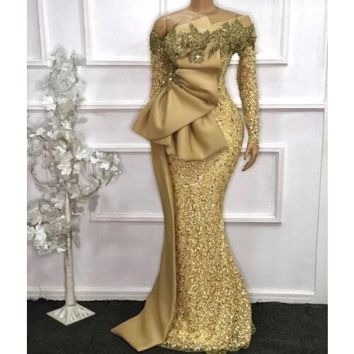 Elegant African Long Sleeves Lace Mermaid Evening Dresses 2021 gold See Through Full Sleeves Beaded Prom Gowns Robe De Soiree