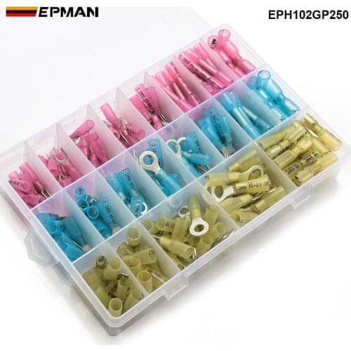 EPMAN 250pcs pieces heat shrink insulated Electrical connectors rear ring crimp terminals Kit EPH102GP250