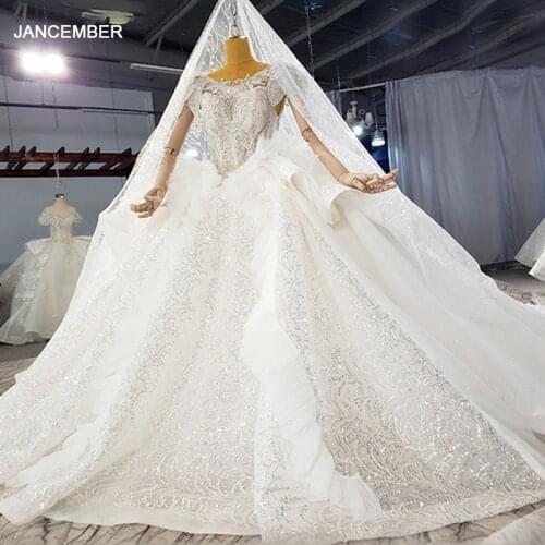 HTL2115 Short Sleeve O-Neck Ball-Gown Beaded Crystal Luxury Sequined Wedding Dress 2021 Lace Up Back