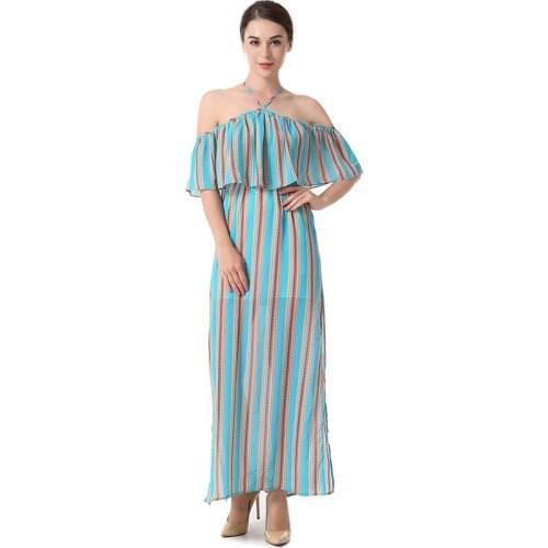 Summer Halter Striped Dresses Sexy Women Party Long Dress with Ruffles S-XL