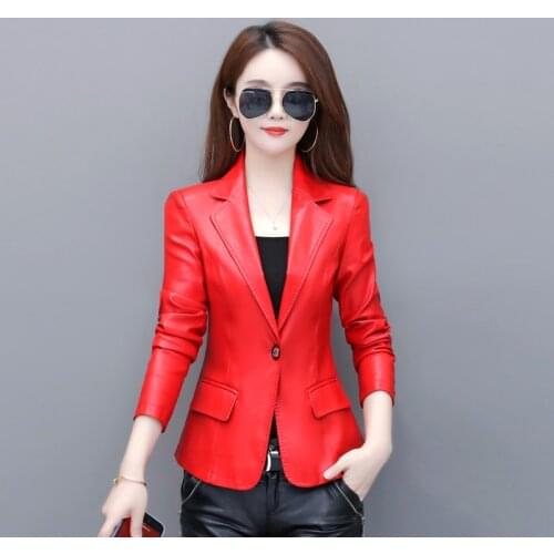 Hot 2021 Spring New Leather Clothes Woman Short Slim Blazer Korean Slim Sheepskin Jacket Womens Suit Collar Fashion Office Coat